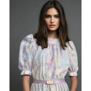 80s Midi Blouson Dress Size Medium Half Balloon Sleeve Belt Pink Opal